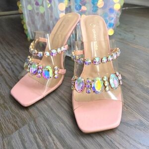 Olivia + Kate Iridescent Rhinestone Open Toe Heels